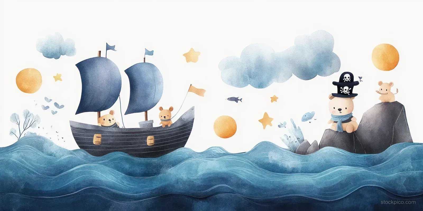 Watercolor pirate ship sails on blue waves with teddy bear and rabbit crew near a rocky island.
