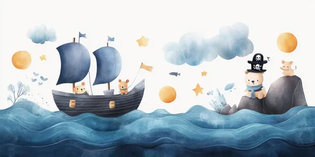 Watercolor pirate ship sails on blue waves with teddy bear and rabbit crew near a rocky island.
