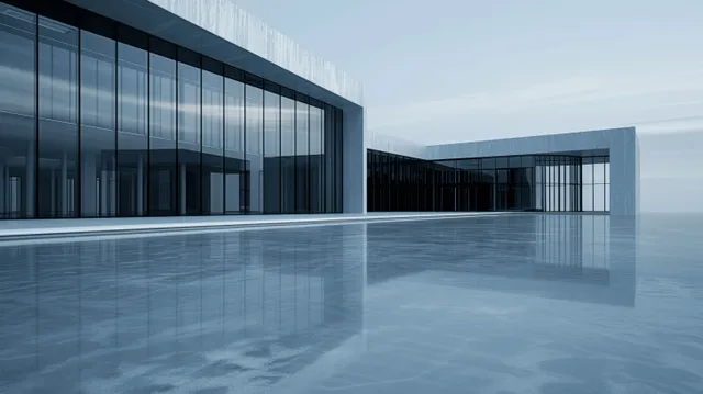 Three cube buildings of reflective glass rise beside a concrete courtyard under a clear blue sky.