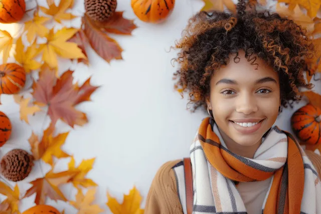 Smiling college student with curly hair among autumn leaves on campus walkway