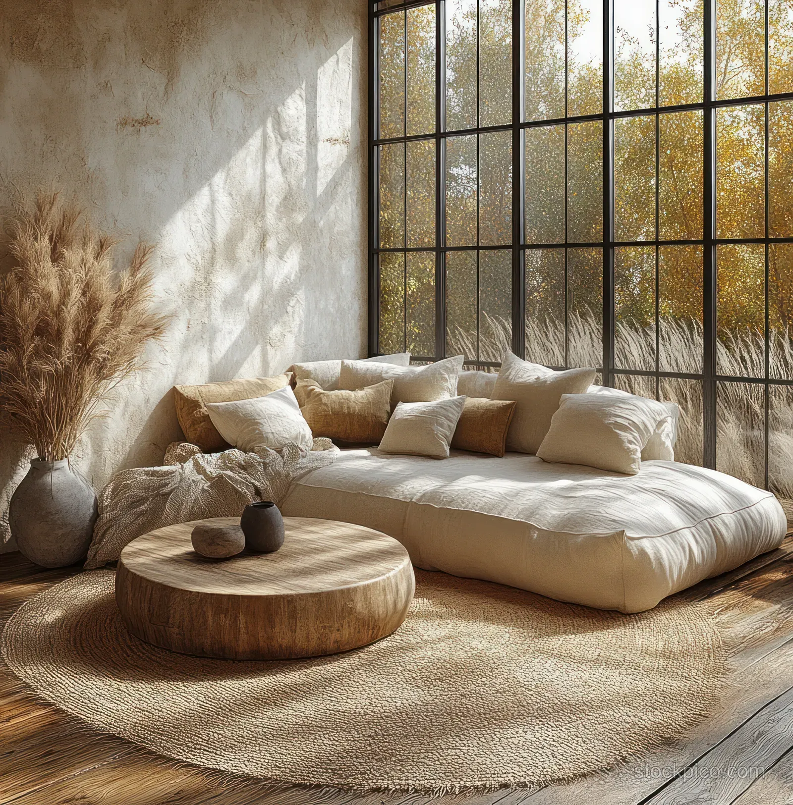 Beige sofa and round wooden coffee table sit in a sunlit Scandinavian living room beside pampas grass.