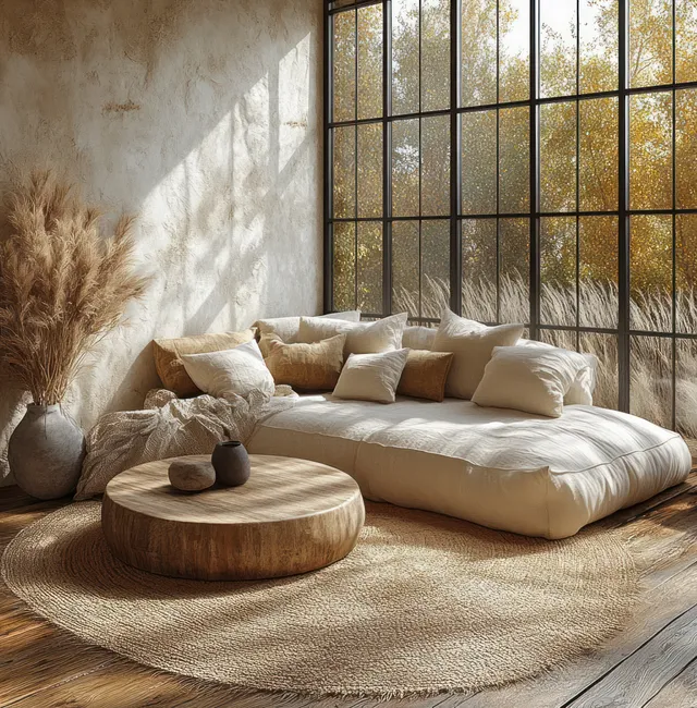 Beige sofa and round wooden coffee table sit in a sunlit Scandinavian living room beside pampas grass.