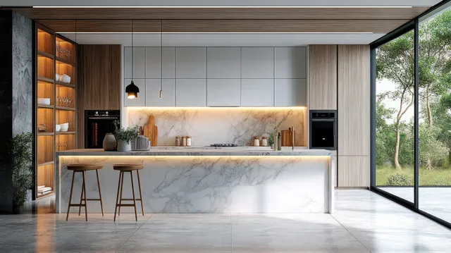 Modern kitchen interior featuring a marble countertop island, wooden shelving, and large windows with greenery outside.