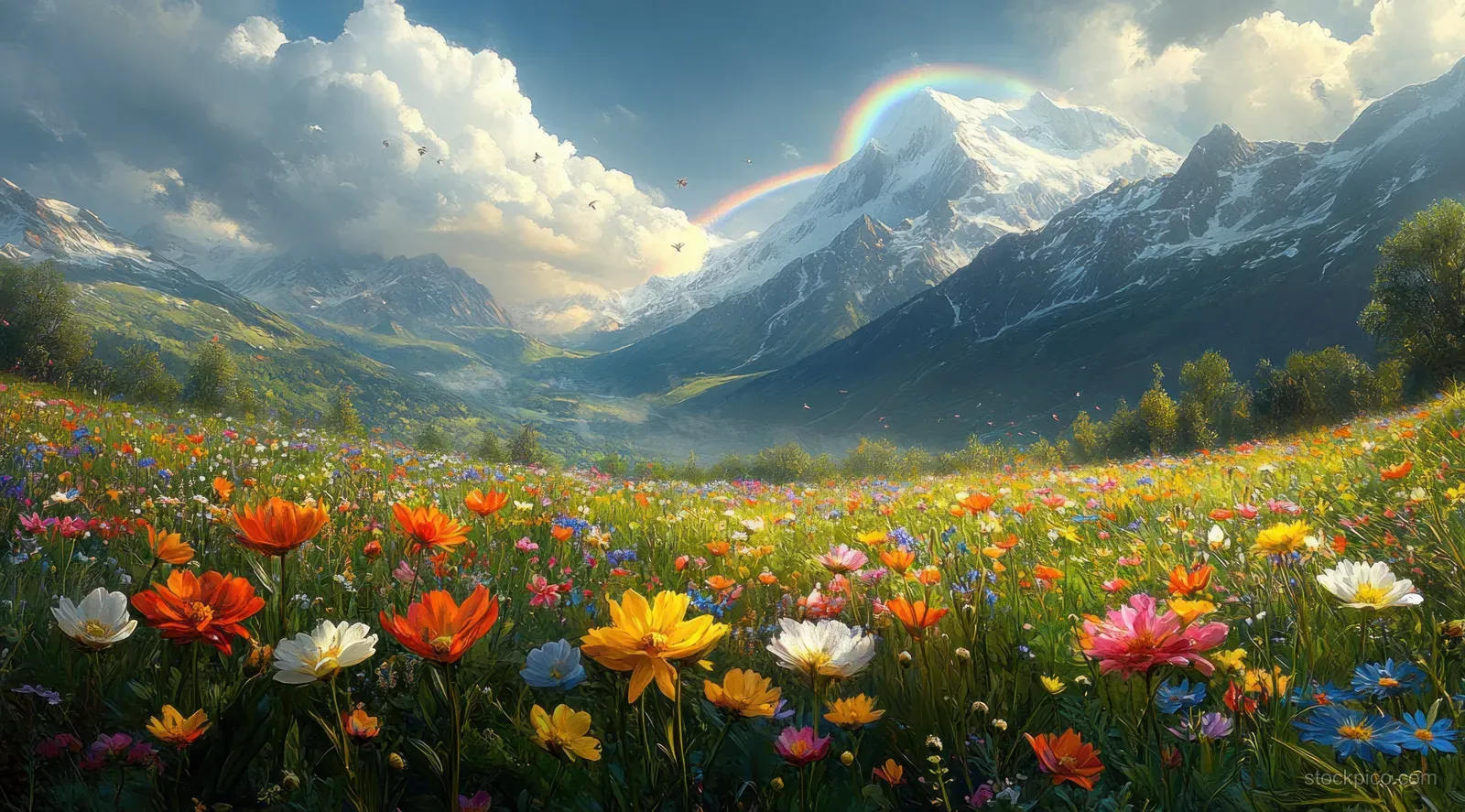 Wildflowers fill a meadow beneath a rainbow, with snowy mountains and dramatic clouds behind.