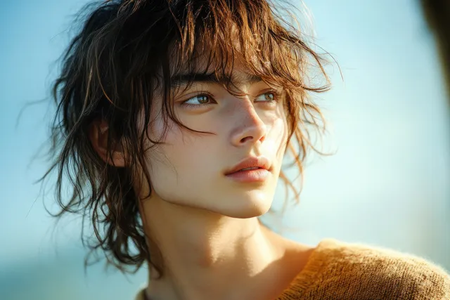 Moody close-up portrait of a young man, partially lit by window light, with tousled hair and a relaxed expression.
