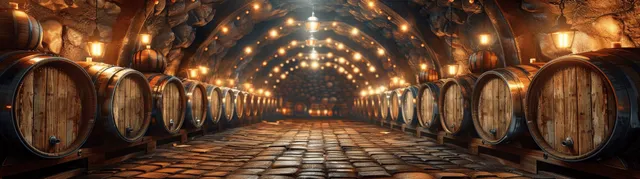A glowing underground wine cellar with wooden barrels along both sides of a tiled corridor.