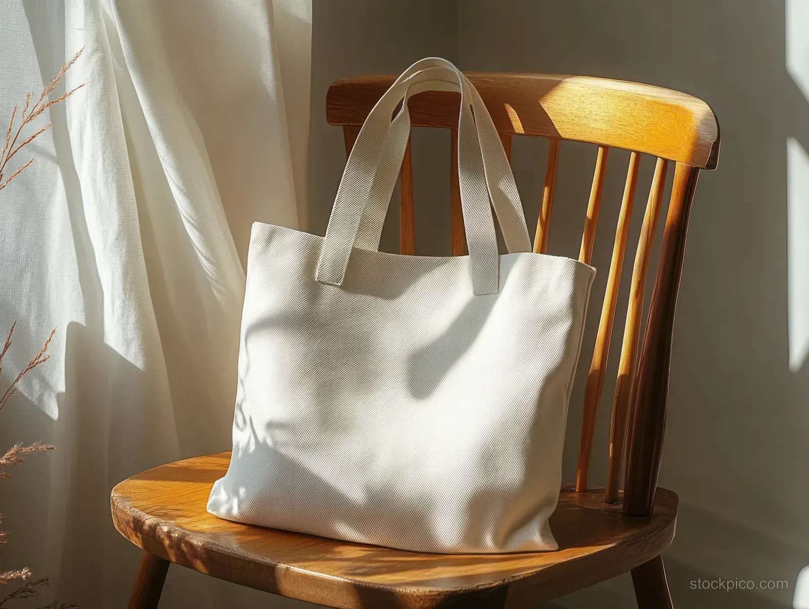 White canvas tote bag on a wooden chair, illuminated by morning sunlight with soft shadows.