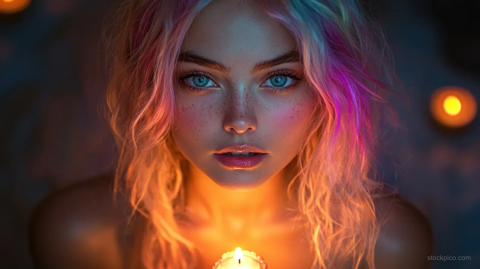 A woman with colorful hair blows a birthday candle on a cake under warm indoor lighting.