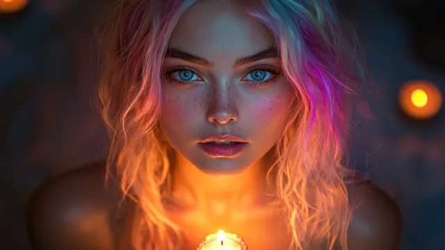 Happy woman with colorful hair blowing birthday candle on a warmly lit cake indoors