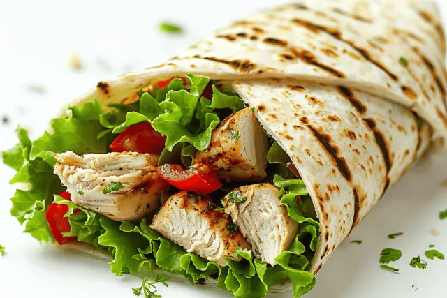 Grilled chicken salad wrap with lettuce and tomato, sliced on white background with Slice Cross Section