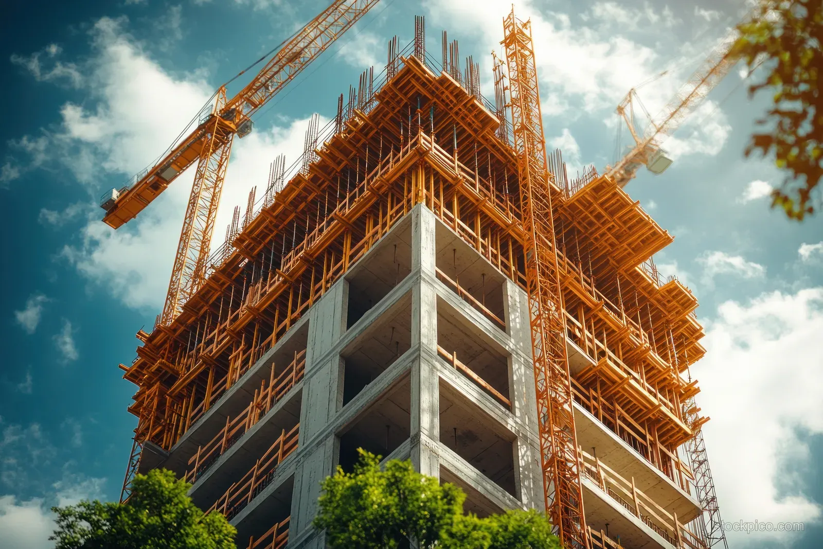 Cranes and scaffolding surround a skeletal apartment building as steel members rise into place.