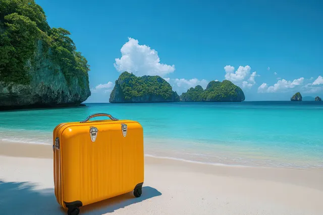 A bright yellow suitcase stands on white sandy beach with turquoise water and green rocky islands.