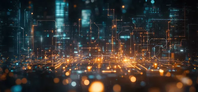 A dark futuristic cityscape with illuminated skyscrapers and glowing circuit lines representing data flow and connectivity.