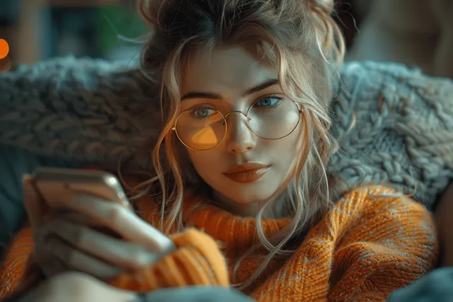 Relaxed young woman on sofa scrolling smartphone with warm lamp light and knitted sweater