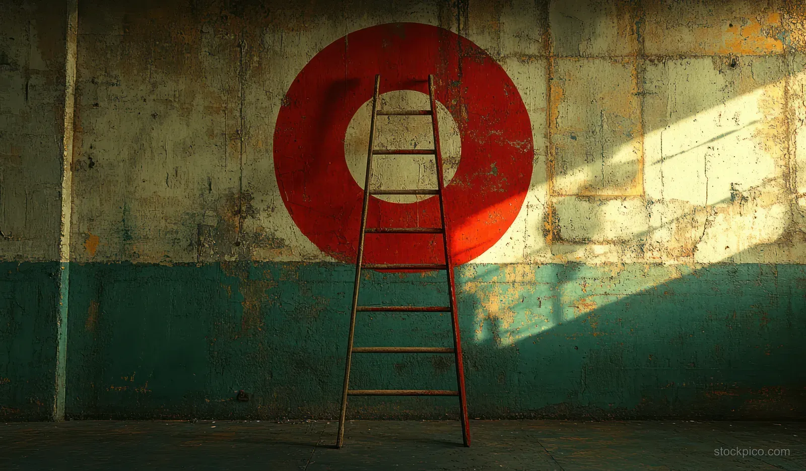 A teal ladder stands in a concrete room aiming at a red target circle under angled sunlight.
