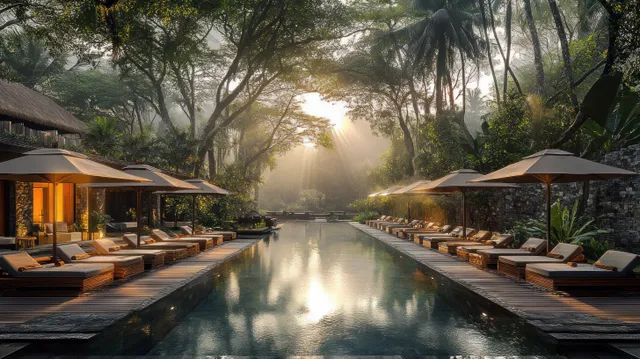 Sunlit tropical pool with wooden loungers under umbrellas, rays cutting through trees