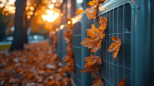Autumn leaves cling to the grille of an outdoor air conditioner condenser against a warm fall background.