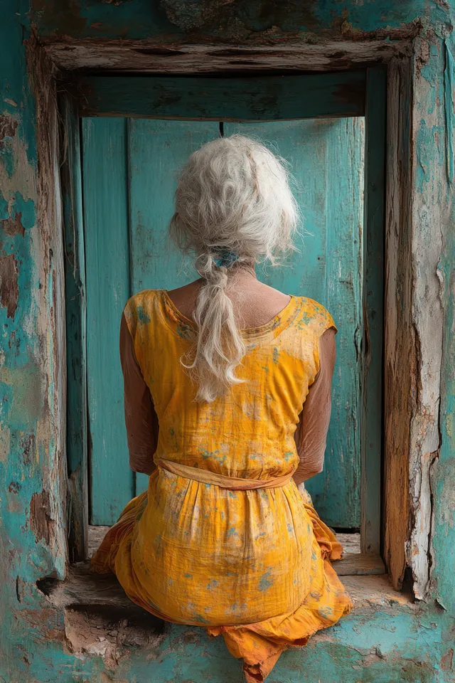 An elderly woman in a yellow dress sits by a weathered window looking out at a dim, decayed room.