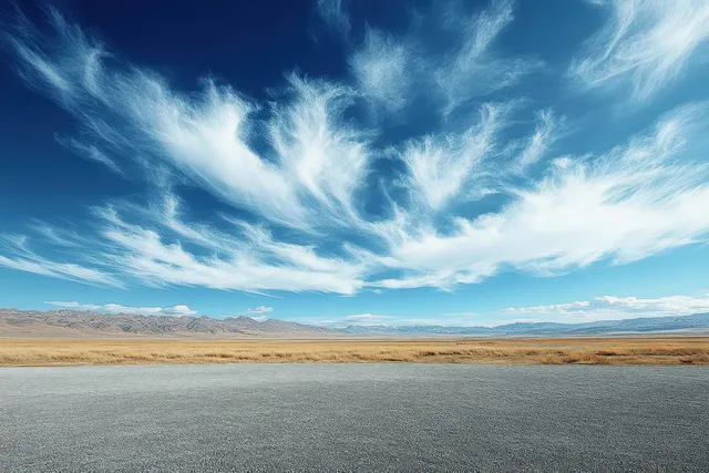 Vast cracked earth plains stretching to distant mountains beneath a vivid blue cloud-filled sky