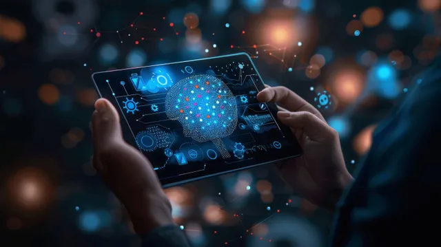Hands holding tablet with AI chat interface icons in glowing digital network backdrop