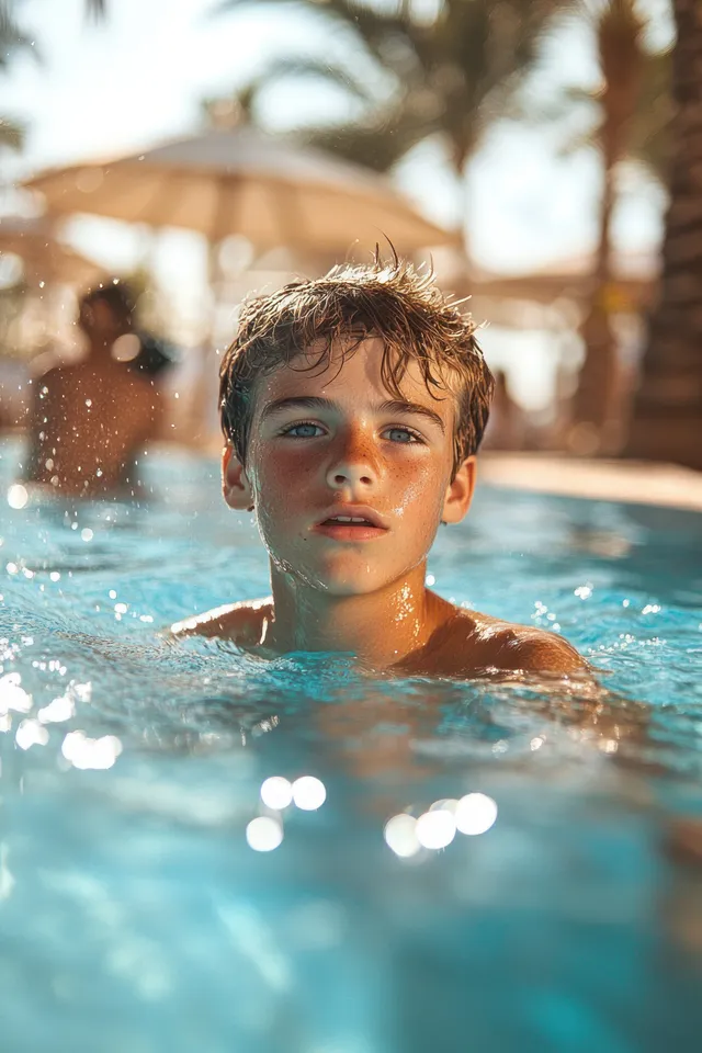 Young boy swims in a sunlit outdoor pool with water splashing around his shoulders and palms blurred behind.