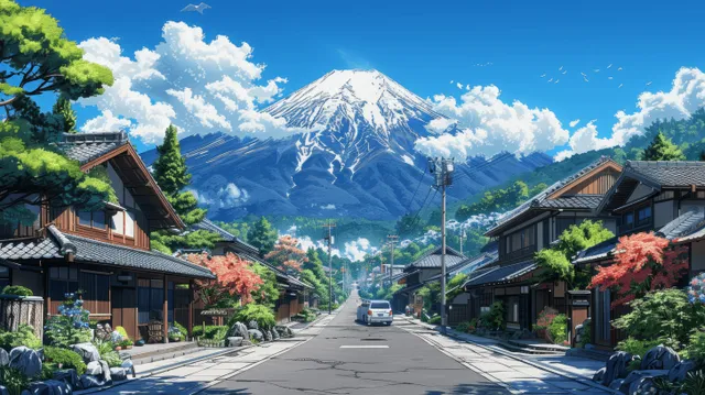 Anime-style Japanese town street with traditional houses, a parked car, lanterns, and a distant snowcapped mountain.