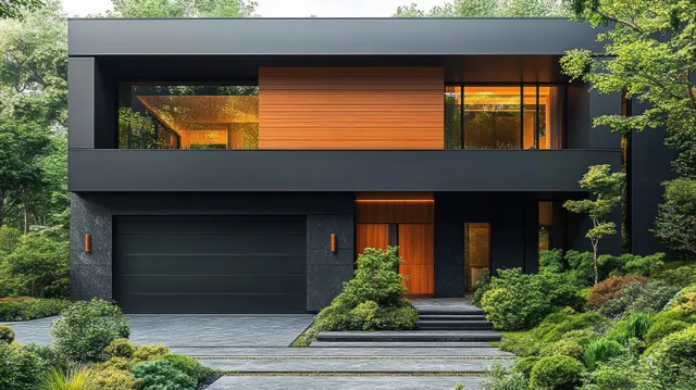 Modern garage facade with a black sectional door, warm wood entry, and surrounding greenery.