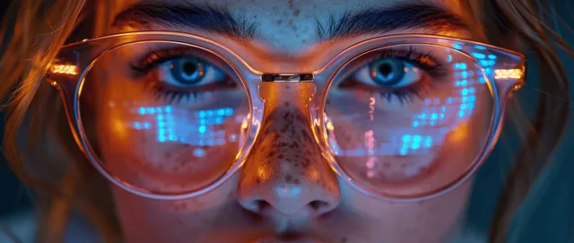 Close-up AI engineer face with glowing code reflected in oversized smart glasses
