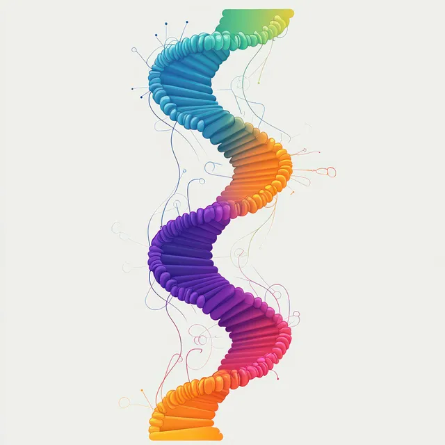 Colorful DNA helix with gradient segments and thin connecting lines on a light background.