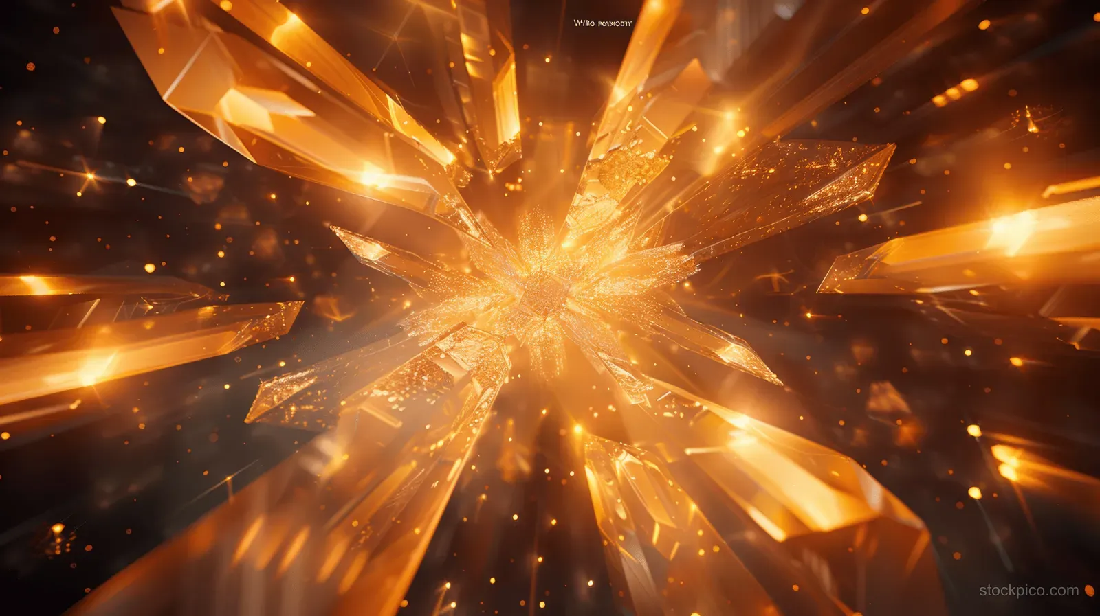 Golden rays and glowing faceted crystal shapes burst outward on a dark abstract background.