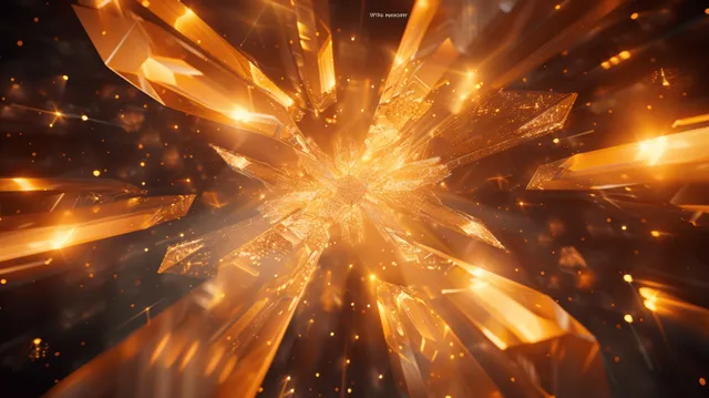 Golden rays and glowing faceted crystal shapes burst outward on a dark abstract background.