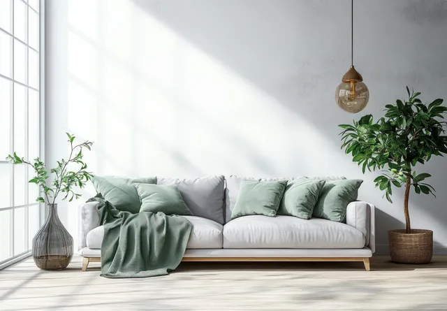 Sunlit minimalist living room showing a light gray sofa with green throw pillows, plants, and a large window.