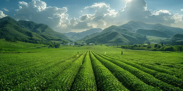 Lush green vegetable rows on a rural farm, workers and machinery under blue sky