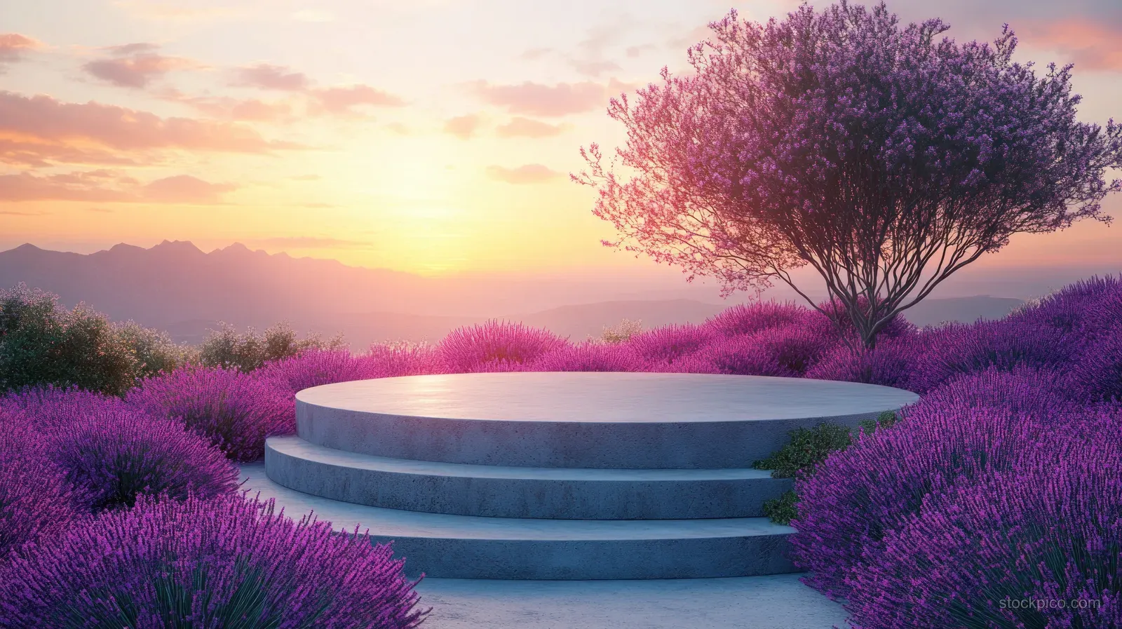 A lavender-covered landscape with a minimalist podium of stepped platforms under a warm sunset sky.