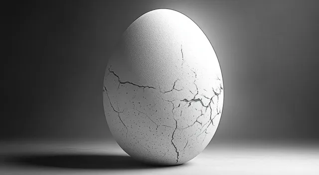 A cracked white egg stands on a smooth surface under soft gray lighting with dark shadow behind it.