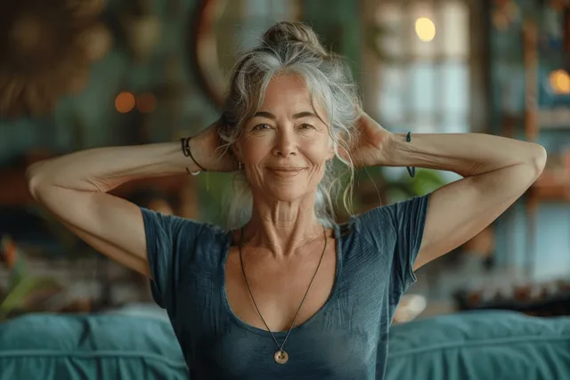 Smiling senior woman on a green sofa doing a cross-arm yoga stretch in a living room.