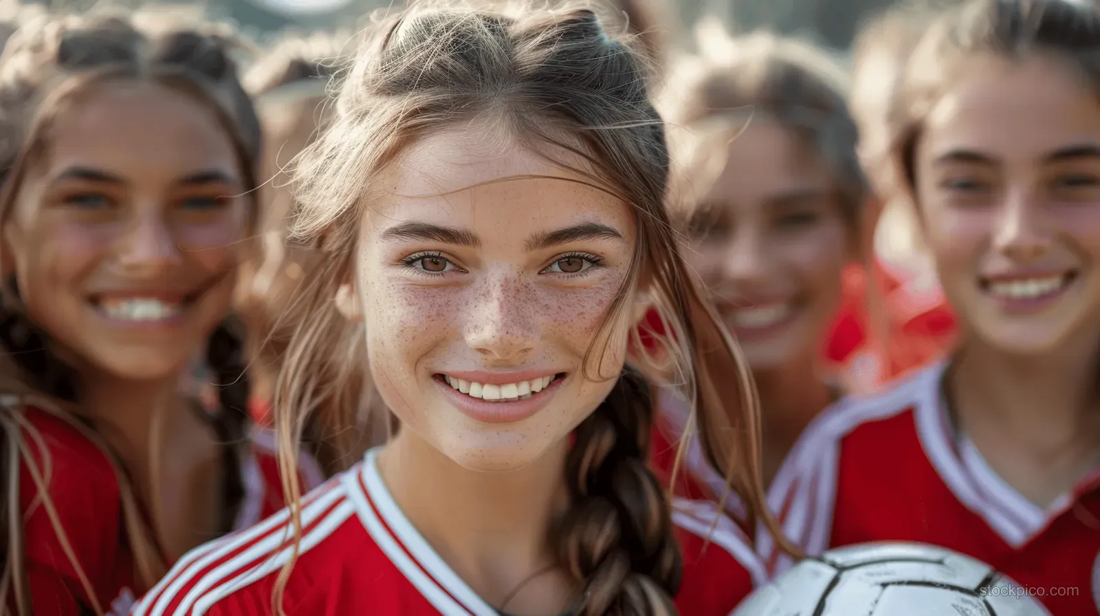 Smiling teen soccer players in red uniforms pose outdoors with a football in bright sunlight.