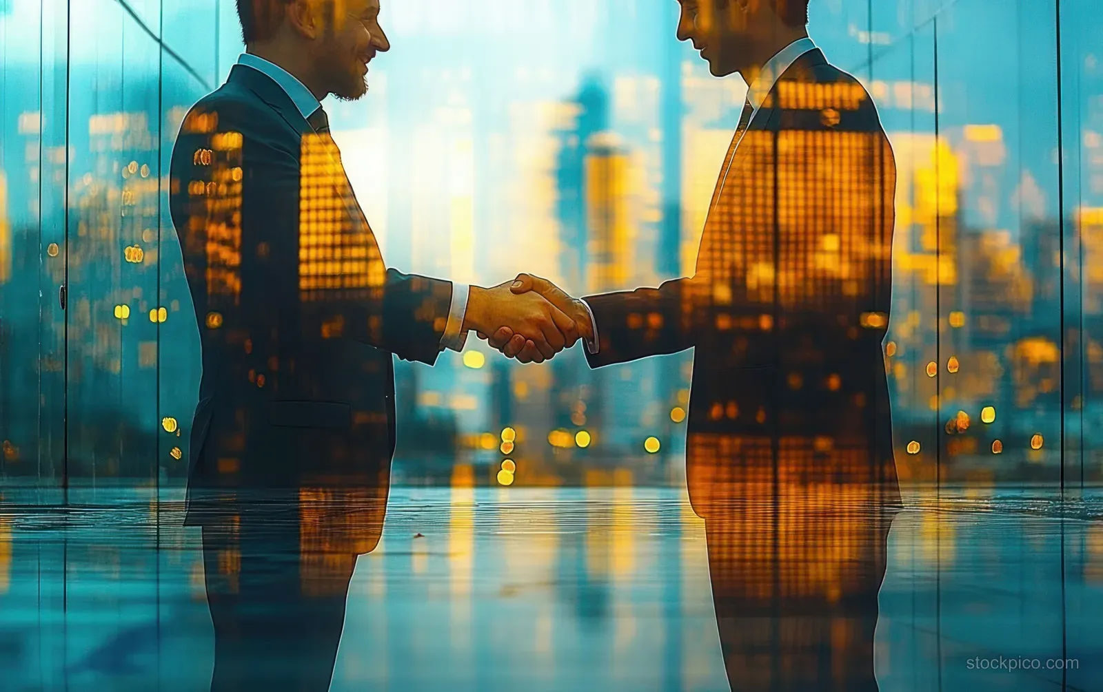 Two businessmen in suits shake hands inside a glass-walled office with city skyline reflections in the background.
