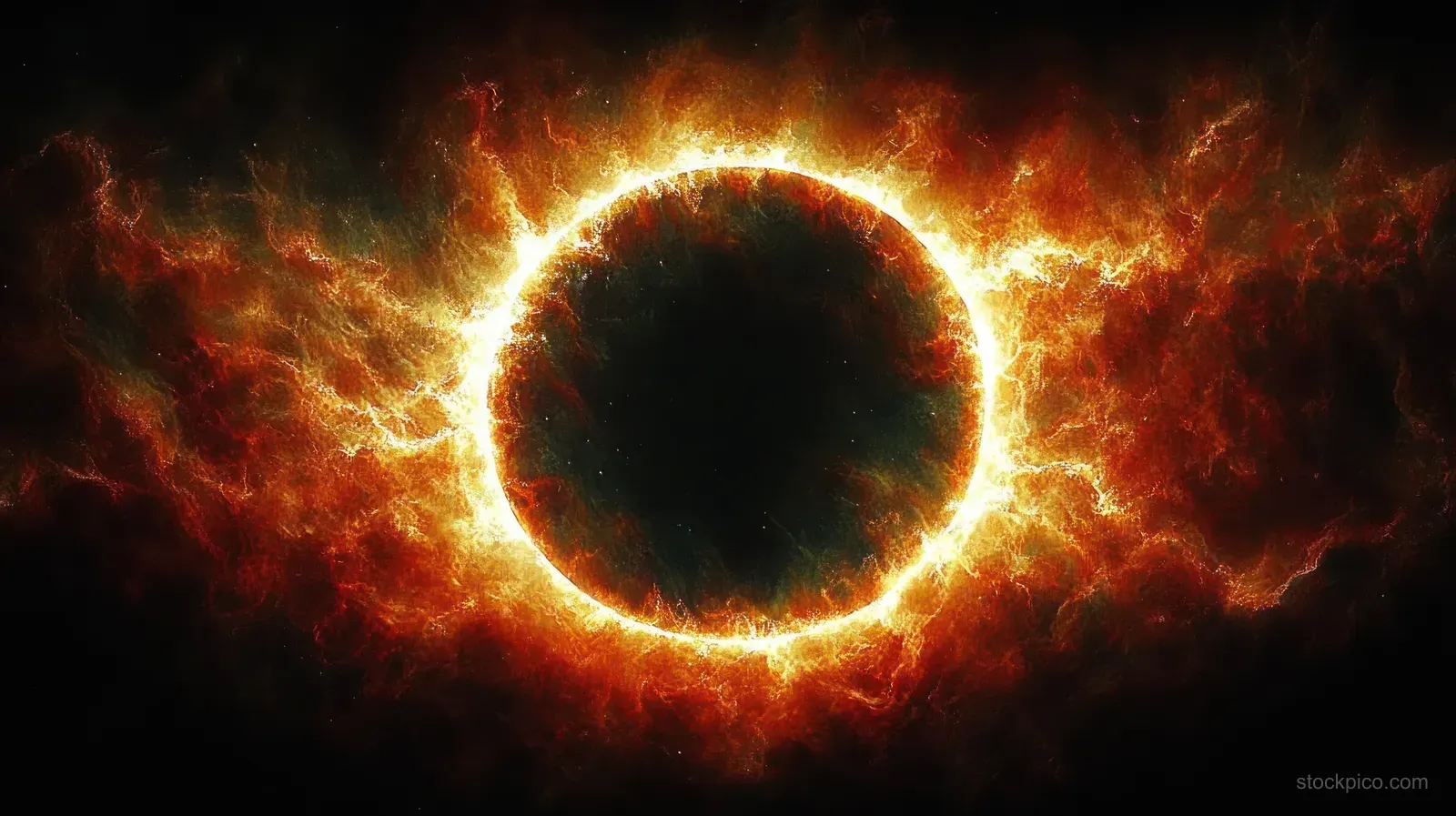 A dark solar-eclipse disk is encircled by a glowing plasma corona with swirling fiery light against black space.