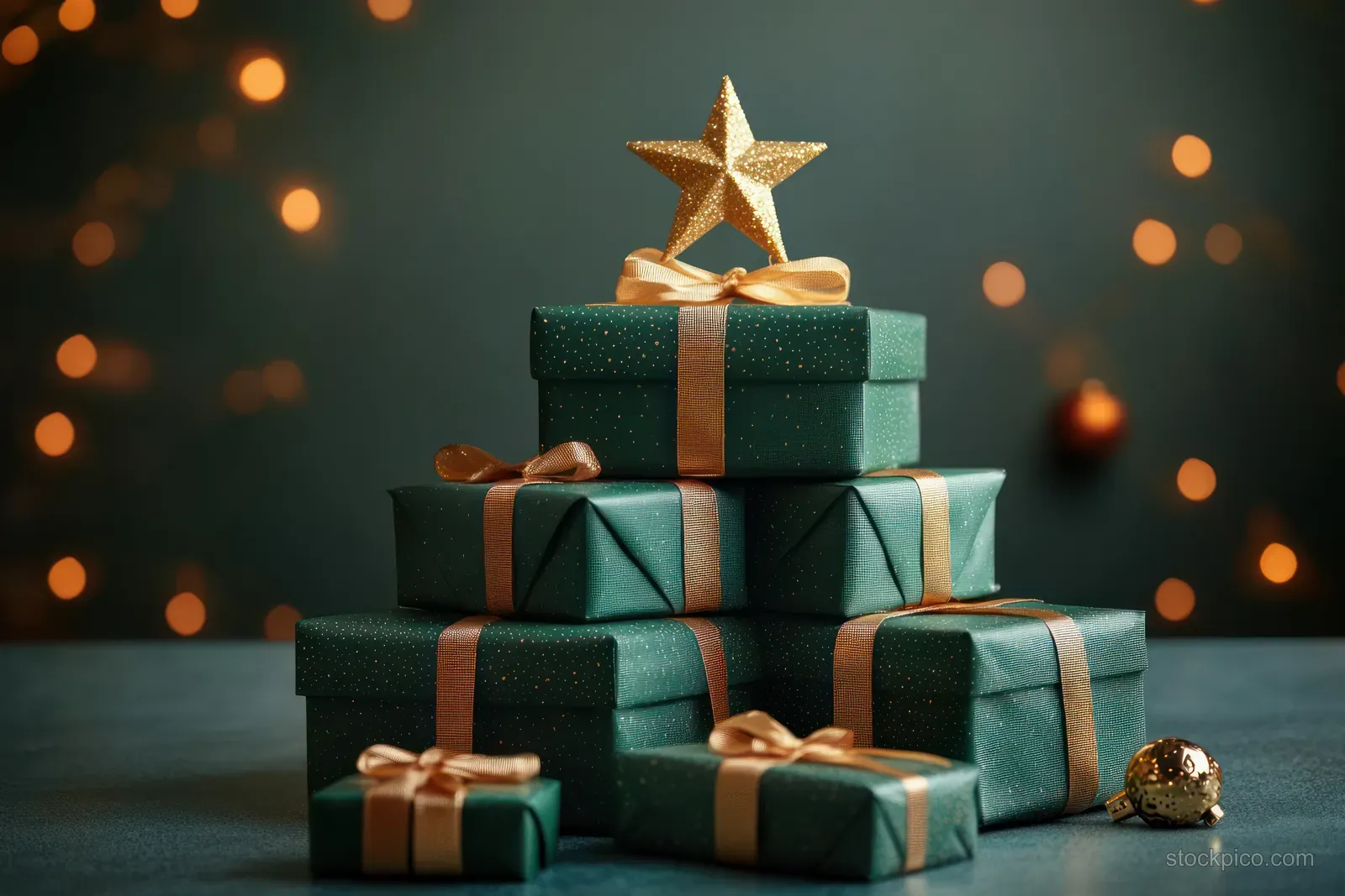 Green gift boxes stacked in a Christmas tree shape with a golden star topper against warm bokeh lights.