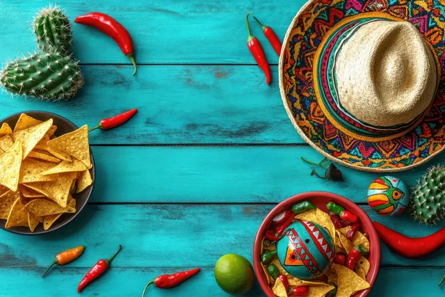 Overhead Cinco de Mayo flat lay with a sombrero, cactus nachos, maracas, and chili peppers on turquoise wood.
