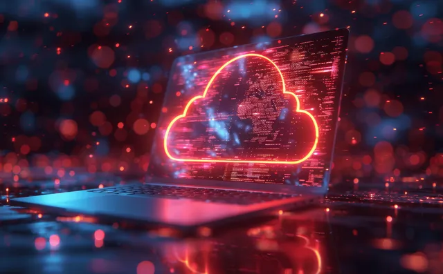 Laptop sending encrypted cloud data with glowing lock icon in digital network