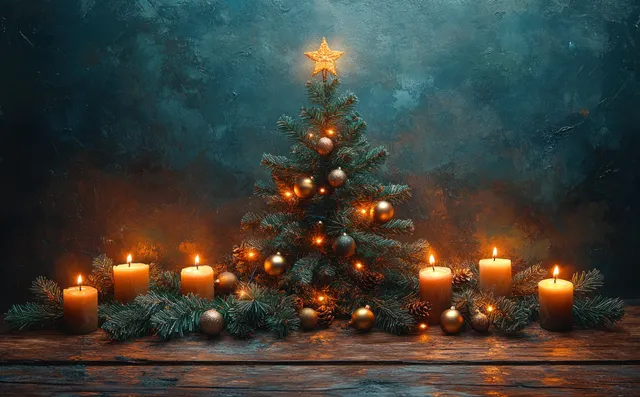 Small decorated Christmas tree on a rustic wooden table with lit candles, pine greenery, and candy canes.