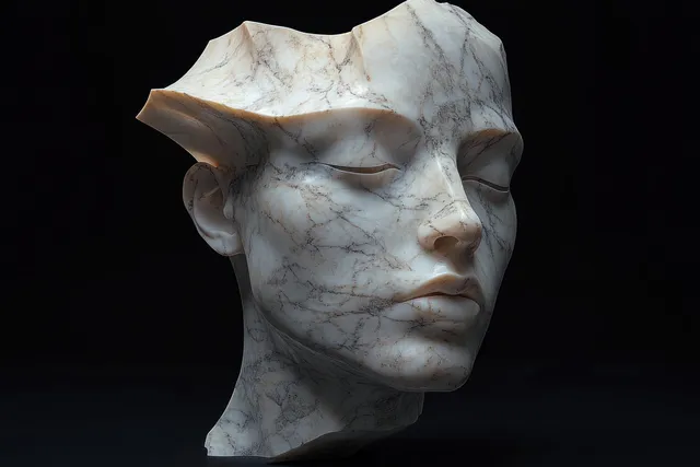 Fragmented marble classical face bust with abstract features on dark studio backdrop