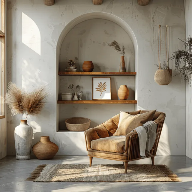 Brown armchair in a minimalist room with an arched wooden shelf holding vases and a framed poster.