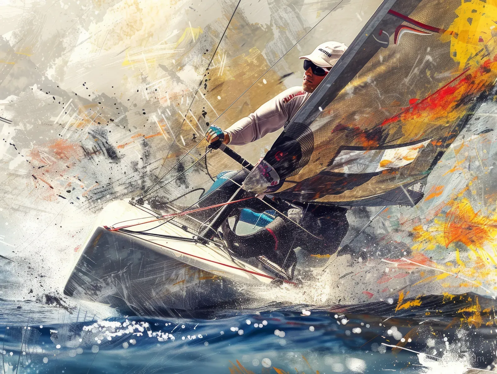 49er FX sailors lean hard as their sailboat carves through ocean waves with water spray and dynamic motion.