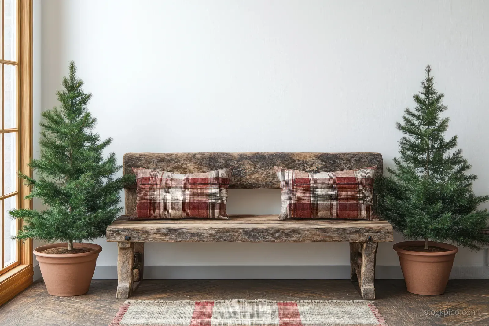 Rustic bench with plaid cushions in a living room, flanked by potted evergreen trees and a warm-lit window.