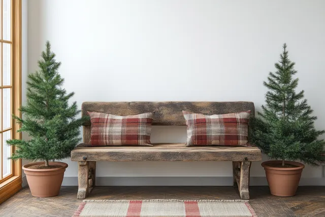 Rustic bench with plaid cushions in a living room, flanked by potted evergreen trees and a warm-lit window.