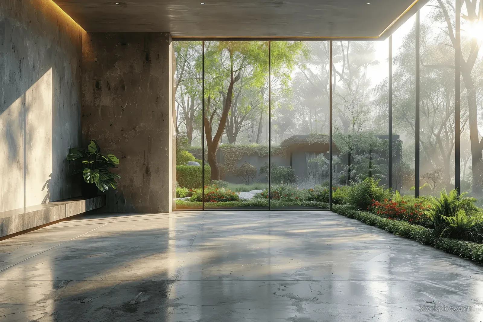 Minimalist room with polished concrete floor and floor-to-ceiling windows showing a lush green garden through glass.