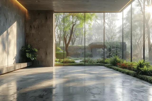 Minimalist living room with floor-to-ceiling glass windows revealing a lush green garden